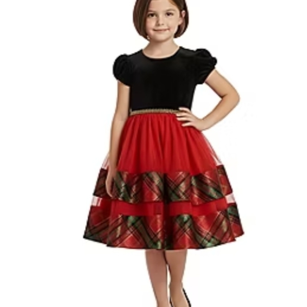 Bonnie Jean Sz 5 Kids Velvet Tartan Tulle Short Sleeve Fit+Flare Party Dress NEW